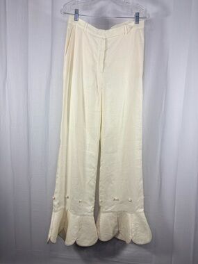 NWT DAHM HOUSE Unique Cream Petal Hem Wide-Leg Fancy Pants in Irish Linen Size 6